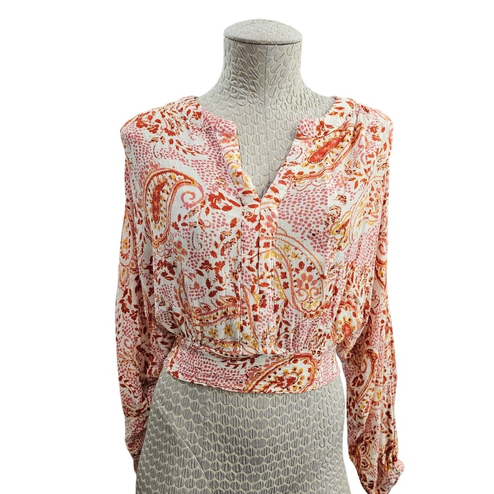 Cynthia Rowley Paisley Boho Blouse Womens Large Pink Orange Rayon‎ Tie Back Top